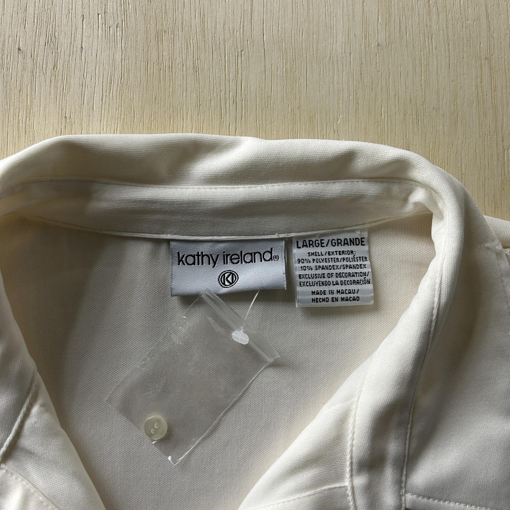 Vintage Kathy Ireland Shirt Womens Large White Ruffle Front 3/4 Sleeve Button Up - Picture 2 of 6